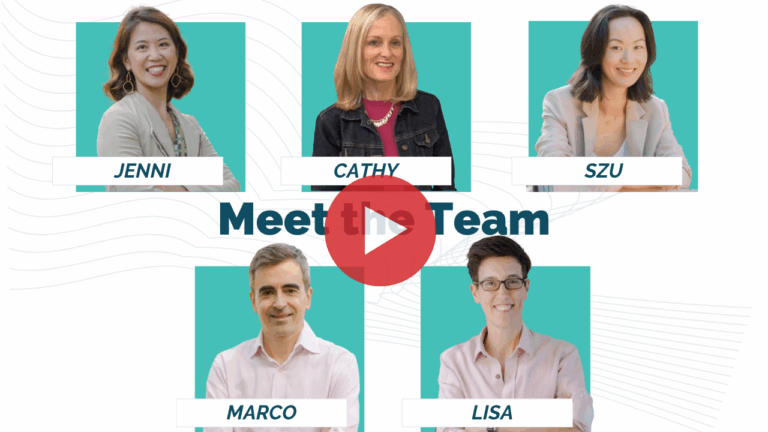 Jenni, Cathy, Szu, Marco, and Lisa standing together, smiling as the Modern Family Finance team